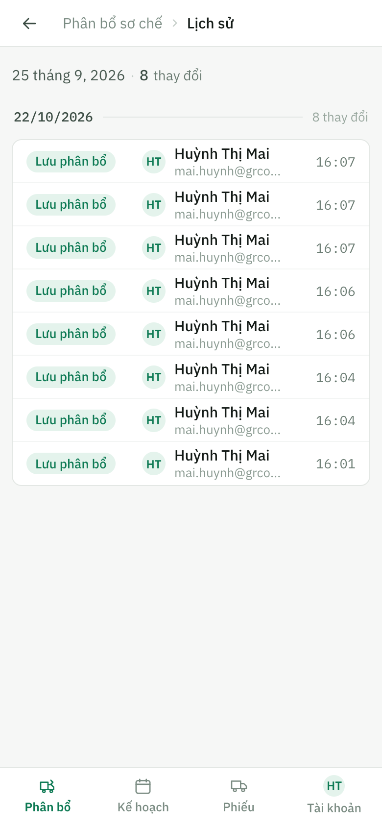 Lịch sử cập nhật phân bổ