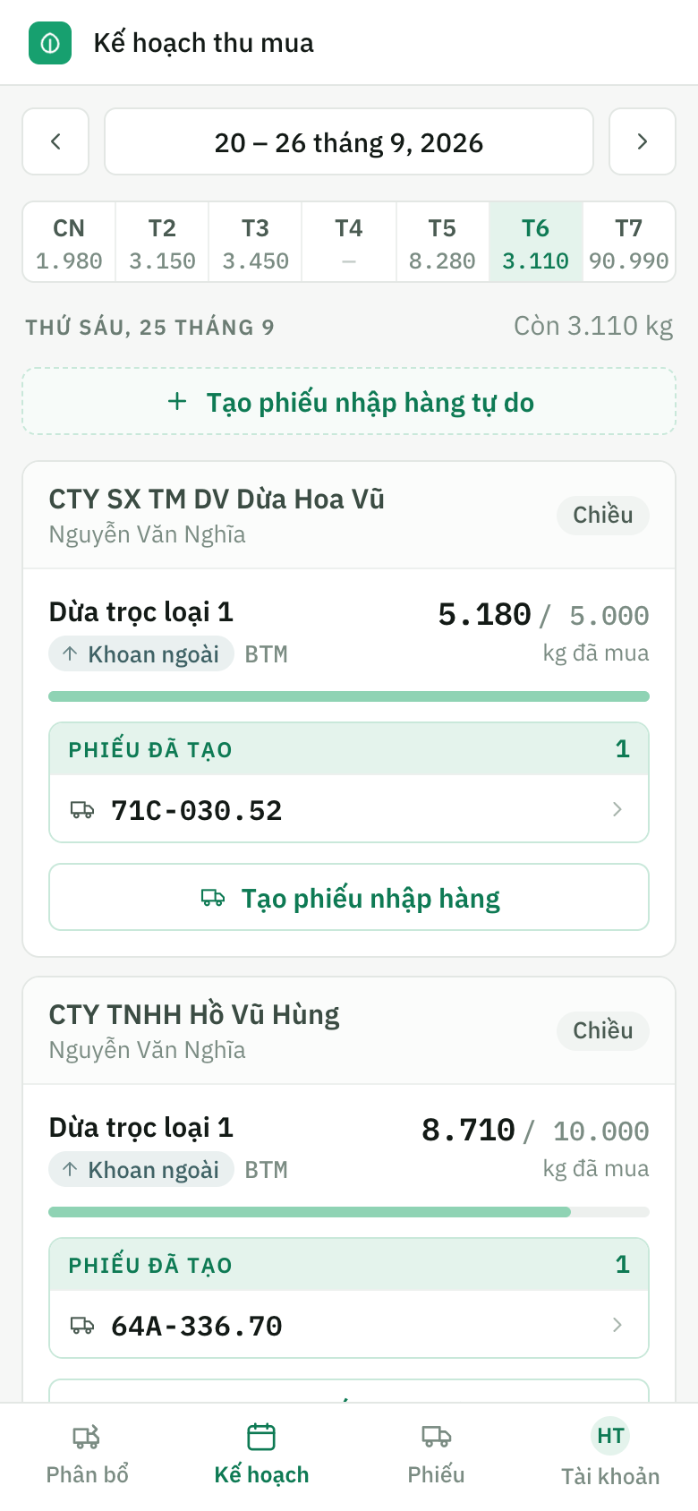 Kế hoạch thu mua dừa trái trên điện thoại